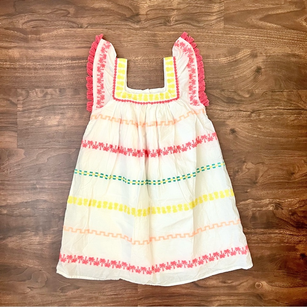 Cat & Jack Girls Size 7/8 White Tassel Dress. Rainbow Colors Embroidered Lined